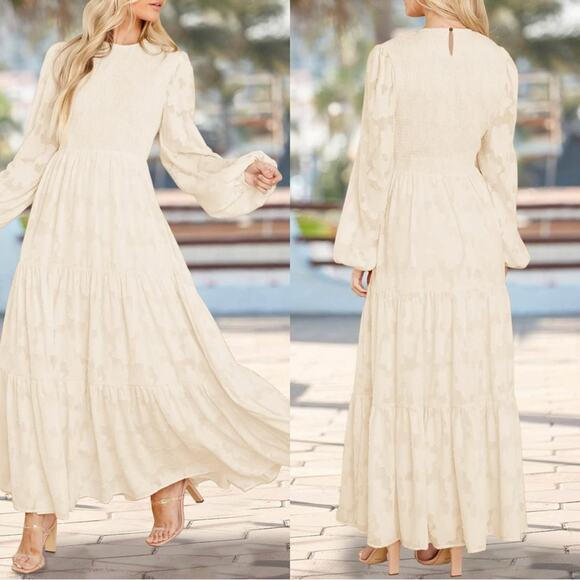 Elegant Smocked Cream Long Sleeve Floral Maxi Dress L - Picture 1 of 6
